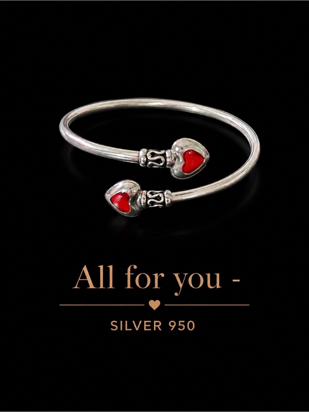 950 Silver Open Heart Cuff Bracelet | Red Heart Adjustable Bangle